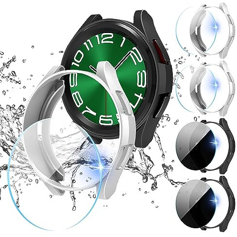 Diruite 4+4 Pièces pour Samsung Galaxy Watch 6 Classic 43mm Protection Écran+Coque,Slim Antichoc Case pour Galaxy Watch 6 Classic 43mm Privacy Protection*2+Transparent Verre Trempé*2+PC Coque*4