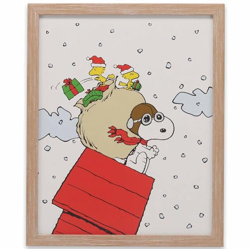 Open Road Brands Peanuts Snoopy Santa Flying Ace Weihnachten gerahmte Holz Wanddekoration - Lustige Snoopy Urlaubsdekoration für Zuhause