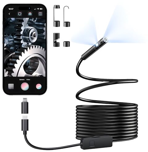 [Dual-Lens] Endoscope Camera with Light, 1920P HD Borescope with 8+1 Adjustable LED Lights, IP67 Waterproof 16.5FT Semi-Rigid Snake Cord Inspection Camera for iPhone, iPad and Android Phone (Type C)