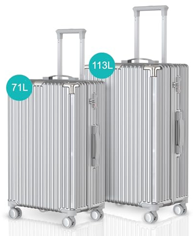 Voyagoux Set Valise Lot de 2-71L & 113L, Valise Rigide, Valises avec Serrure TSA, ABS, 4X 360° Roue, Suitcase, Robuste et léger Suitcase, Argent