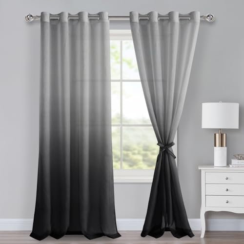 XWZO Voile Gardinen mit Ösen Vorhänge Farbverlauf Vorhang Sheer Ombre Gardinen 2 er Set für Schlafzimmer und Wohnzimmer Schlaufengardinen mit Raffhalter H245xB140cm Schwarz