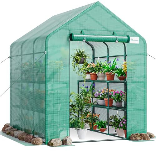 YITAHOME Serre de Jardin XXL, 3 Niveaux 18 étagères, Housse en polyéthylène avec Fermeture éclair, Protection Contre Les intempéries et Les UV avec Clous de Sol pour Jardin extérieur, 195 x 214 x 143
