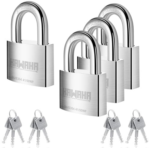 KAWAHA 41/50-4PS - Candado de acero inoxidable de alta seguridad de 50 mm con llave de acero inoxidable para uso en interiores y exteriores (resistente, antioxidante) (50 mm, con llave igual, 4