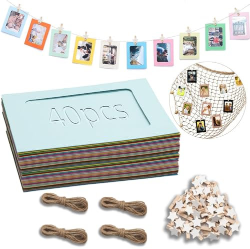 Ziamzra 40 Stück Bunt Fotogirlande 10x15 cm Fotos Aufhängen DIY Kraftpapier Bilderrahmen 40 Stück Kleine Klammern für Fotos Aufhängen 4 Stück Fotoleine für Hochzeit Party Geburtstag Wand Deko