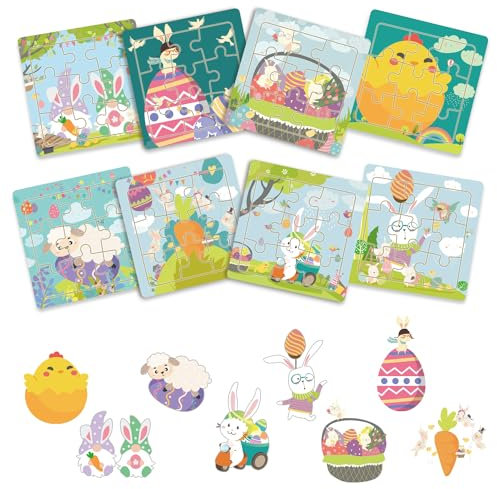 8pcs Easter Wooden Puzzles, Cute Colorful Bunny Egg Chicks Carrots Gnome Montessori Easter Jigsaw Puzzles Toy for Toddlers Kids Boys Girls Basket Stuffers Party Favors Gift