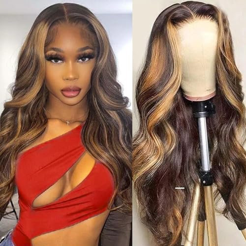 TNICE Echthaar Perücke 13x4 Body Wave Lace Frontal Wig 150% Dichte Brazilian Curly Human Hair Wig 18 inch Blond #4/27 Highlight
