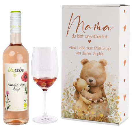 Herz & Heim® Geschenkset zum Muttertag mit graviertem Weinglas, Weinflasche und Geschenkbox -Mama Du bist unentbärlich-, personalisiert (Rosé)