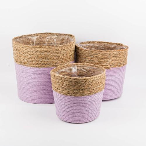 SCHÖNER LEBEN. 3er Set Korb zweifarbig rund Seegras Papier lila Natur versch. Größen
