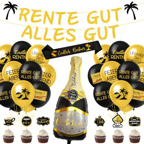 Ruhestand Deko, Rente Luftballons Banner Schärpe Tortendeko, Rentner Geschenk, Rente Deko Schwarz Gold, Rentner Deko für Männer Frauen Renteneintritt Pensionierung Abschied Party