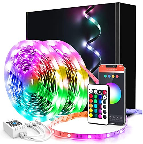 phopollo 30m Led Strip Light for Bedroom, Remote and App Control Bluetooth Connect Music Sync RGB Lights for Room Plug in Self Adhesive (15Mx2)