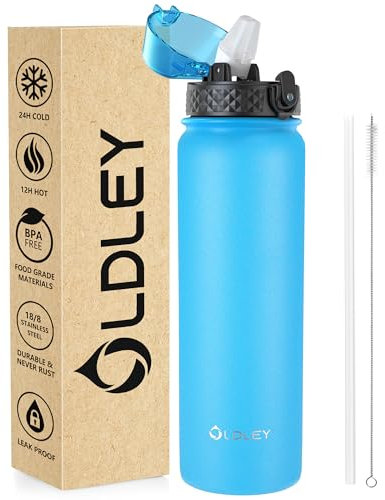 OLDLEY Stainless Steel Water Bottle with Straw 1L Vaccum Insulated Large Drink Flask Metal Water Bottles 1 Litre Leakproof Keep Drinks Hot Cold for Sports Gym Camping Adult Women Men(Sky Blue, 1 Lid)