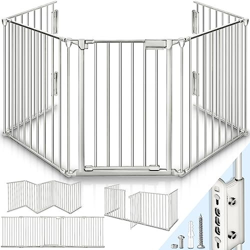 KIDUKU® Barrera de Seguridad 300-600 cm para Niños y Mascotas | Reja de Protección de Metal - Premontado | Rejilla Protectora Metálica Plegable con Puerta | 5-10 Paneles (Gris, 240 cm)