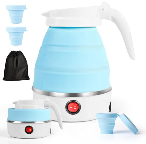 Bouilloire pliable 0,6 L Avec 2 gobelets pliables, Bouilloire portable de Camping, Mini Bouilloire de Voyage, Mini bouilloire électrique en silicone pour le camping, le voyage, l'extérieur (Bleu)