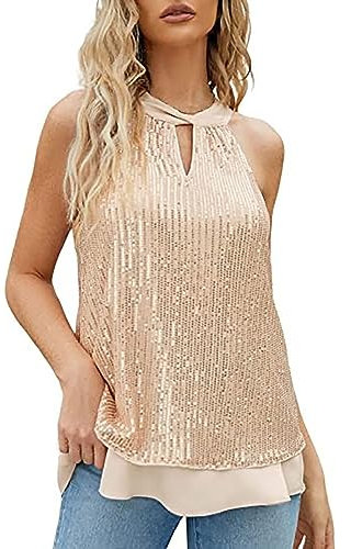 Débardeurs à paillettes pour femme sans manches à paillettes scintillantes – Chemise disco fluide et brillante pour fête, rose gold, XX-Large