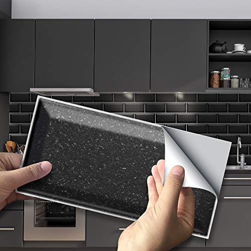 funlife Black 9Pcs Tile Stickers Peel and Stick Self-Adhesive Vinyl Splashback Kitchen Decor Black Terrazzo, 20X10cm