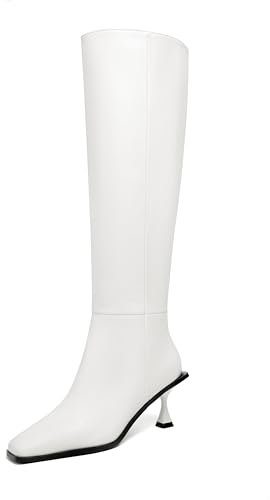 Vertundy Stivali da donna con tacco a gattino, punta quadrata, tacco basso, in pelle, stivali alti al ginocchio, Beige, 37 EU