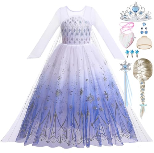 Snyemio Princesse Elsa Robe Déguisement Reine des Neiges Costume Fille Blanc avec Perruque pour Carnaval Anniversaire Fête,6-7 Ans