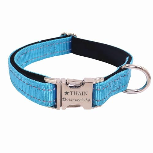 THAIN Custom Reflective Dog Collar Personalised Dog Collar with Name Plate engraved Pet Name, Phone Number, Silent,No Noise Dog ID Tag (Blue with neoprene, S(neck 10-13.8”))
