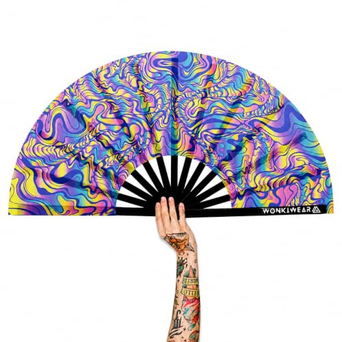 WONKIWEAR Fan, Folding Handheld, Glow UV Reactive Design, Large Strong Black Bamboo. Unisex for Raves, Festivals, Concerts, Drag, Gay Pride (UV Psychedelic Maze, Large)