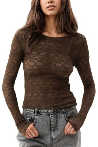 EMOTTOS Women Sheer Mesh Crop Tops, Sexy Lace Y2K T-Shirts with Cut Out Embroidered Lace Tops, Stylish Slim Fit Top with See Through Shirt Going Out Clubbing Party for Ladies, Brown, M