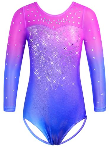 HUAANIUE Mädchen Turnanzug 3-14 Jahre 3/4 Ärmel Strasssteine Tanz Ballett | Polyester-Elasthan, Elastisch, Atmungsaktiv, 3/4 Ärmel Mesh, Funkelnde Strasssteine, Ideal für Gymnastik Tanz Ballett