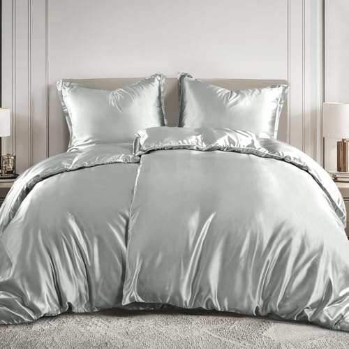 RUIKASI Satin Bettwäsche 135x200 4teilig - Bettbezug mit Glanz wie Seiden Bettwäsche Set Hellgrau für Haar und Haut, Glänzend Bettwäsche 135x200cm mit Reißverschluss und Kissenbezug 80x80cm