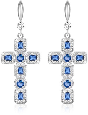 Linawe Saphir Blue Kreuz Ohrringe Silber Hängend, Schmuck Damenohrringe Ohrringe Set, Kristall Strasssteine Ohringe Modeschmuck Tropfen Ohrringe Weißgold Kreuz Anhänger Geburtsstein