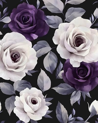 Black Foral Wallpaper Peel and Stick Dark Purple and White Rose Contact Paper, Vintage Self-Adhesive Removable Flower Wall Paper for Bedroom Countertop Desk Cabinets Decor 17.4 x 118 Renter Friendly