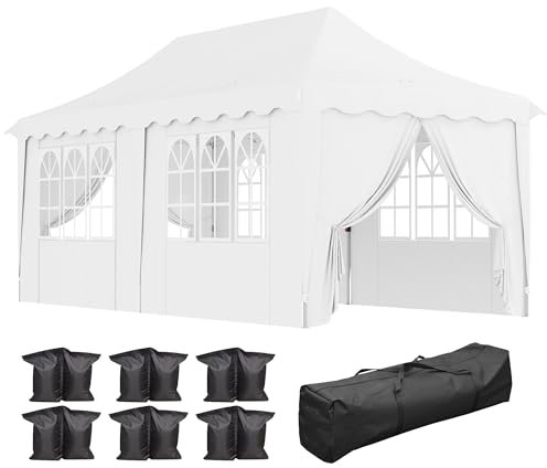 Outsunny Carpa Plegable Pop-up Gazebo 6x3x3,15 m Cenador Plegable con 6 Paredes Laterales Anti-UV Altura Ajustable Bolsa de Arena y Bolsa de Transporte para Camping Fiestas Blanco