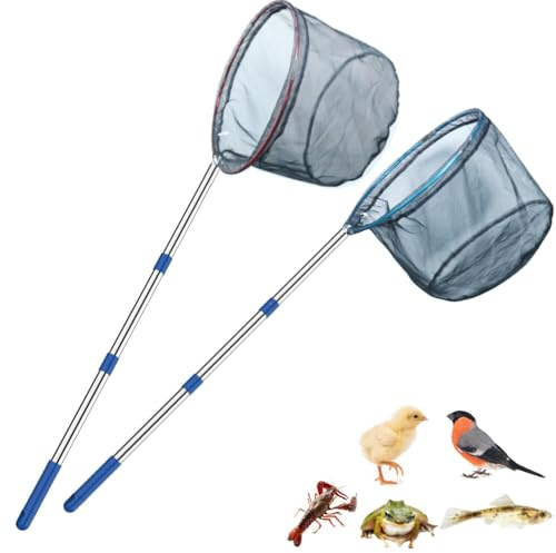Fischernetze, abnehmbarer, leichter Kescher mit Edelstahl-Stangengriff zum Fangen und Lösen von Schmetterlingsnetzen (blau + rot), 2 Stück