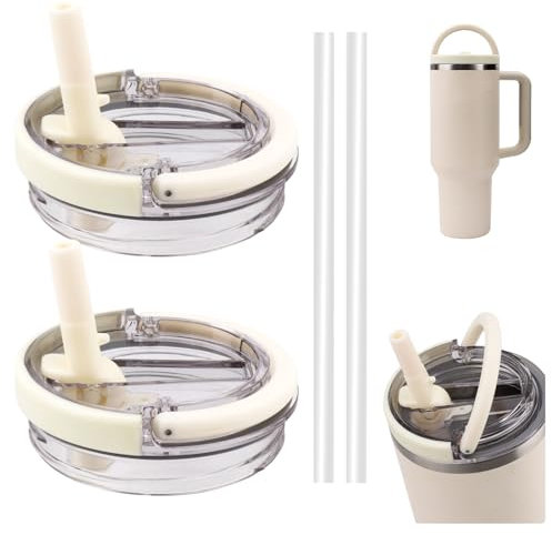 FIDWALL 2 Pack Leak-Proof Flip Straw Lids with Handle, Compatible with Stanley 40 oz Tumbler, Reusable Replacement Cup Lid, Detachable Silicone Nozzle, Spill and Splash Resistant Accessories.(White)