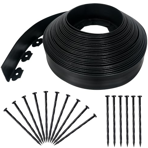 Quibbay 3.15 x 100' Landscape Edging, Flexible Garden Edging Borders with 150 Anchoring Spikes, Plastic Lawn Edging for Landscaping Garden Flower Beds Grass Yard Paver Pathway, Black