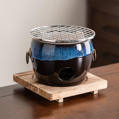 Kleiner Holzkohleofen aus Ton, tragbarer Töpferofen, Heizung für Zuhause, mit Metallschale und Holzmatte, Camping-Grillwerkzeug kann drinnen und draußen verwendet Werden (schwarz)