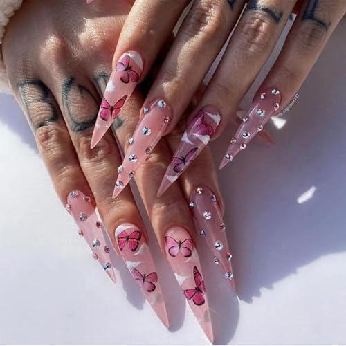 NICENEEDED 24 PCS Faux Ongles Papillon Stiletto Extra Longs Ongles French Press on Roses avec Un Magnifique Motif Nuage Amande Manucure Amovible Brillante pour Femmes