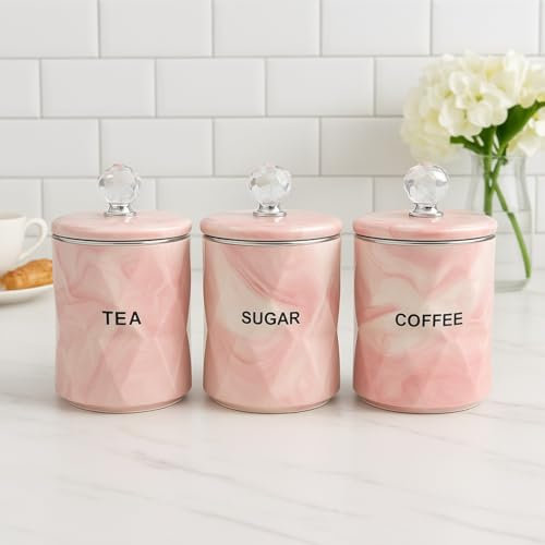 BML Marble Tea Coffee Sugar Canisters Jars Airtight Crystal Lids Uniques Design Kitchen Canister Set for kitchen Decor Housewarming Gift Set (Pink)