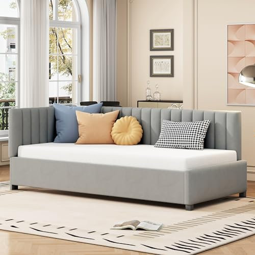 Pangshiyuan Polsterbett Sofabett 90 x 200 cm mit Lattenrost, Multifunktionales Bett mit USB-Ladeanschluss und Stauraum, Hautfreundlicher Samtstoff, Grau, Für Jugendzimmer und Schlafzimmer