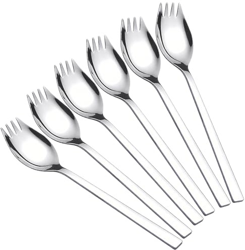 6 PCS Sporks 19cm, Edelstahl Sporks, Edelstahl Spork Göffel 2-in-1 Löffel und Gabel, langer Griff für Salat, Suppe, Nudeln, spülmaschinengeeignet, ideal für Kuchen, Pizza, Gebäck und Buffet