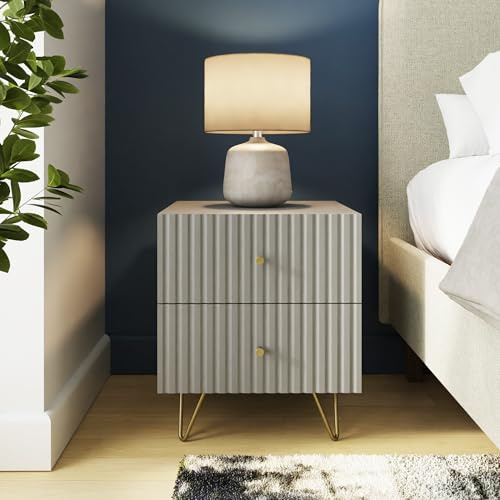 GFW Thalia 2 Drawer Bedside Table, Modern Grey Nightstand with Textured Finish & Hairpin Legs