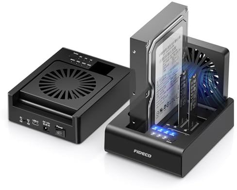 FIDECO Docking Station Clone per HDD e SSD NVMe M.2, USB 3.2 Gen 2 (10Gbps), Docking Station Clone a 3 Baie per SSD NVMe M.2 e Dischi Rigidi SATA 2,5/3,5, con Ventola Pieghevole