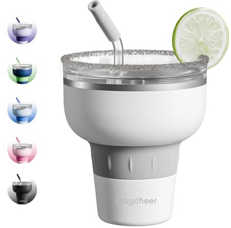 magcheer 473ml Isolierter Margarita Tumbler mit Deckel Trinkhalm（Weiß） | Doppelwandige Vakuumisolation,Stapelbares Design,BPA-Frei,Spülmaschinenfest Edelstahl Becher für Strand Reise Party