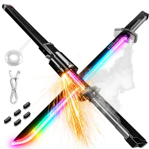 Cyberpunk Neon LED Sword, 31.5 Spark Effect Sword with Mist/Smoke, Lightsaber Sword for Kids and Adults, Toys Sword for Cosplay, Rave and Halloween (Grey)