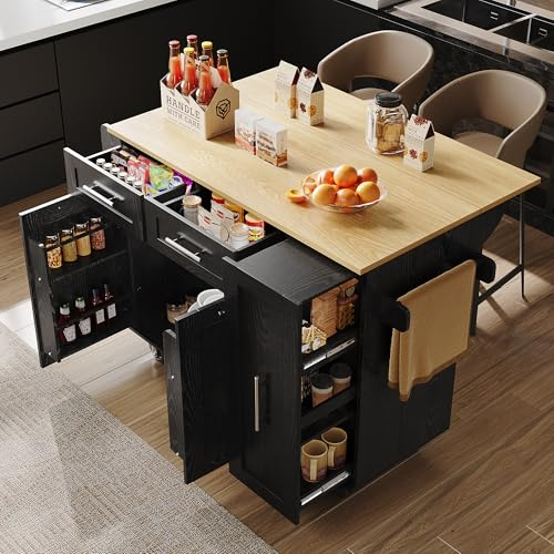 FammyLoft Kücheninsel mit Klappbarer Arbeitsplatte, Mobile Kuechenschrank mit Stretchfunktionsschränken, Küchenkommode mit Snackregalen, Küchen Sideboard, Küchenwagen, für Küche/Esszimmer, Schwarz