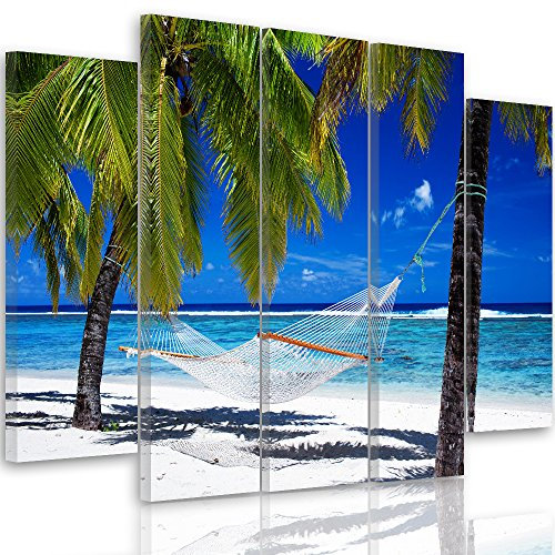 Feeby Frames, Tableau multi panneau 5 parties, Tableau imprimé xxl, Tableau imprimé sur toile, Tableau deco, Pentaptyque Type B, 200x100 cm, TROPIQUES, PLAGE, PALMIERS, LAGUNE, BLEU CIEL, BEIGE