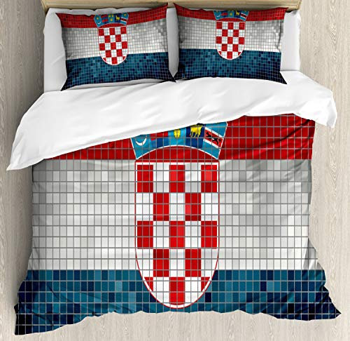 ABAKUHAUS Kroatien Bettbezugs Set Für Doppelbetten, Flagge mit Mosaik-Quadraten, Weicher Microfaserstoff Allegigeignet kein Verblassen, 230 x 220 cm, Grau Rot