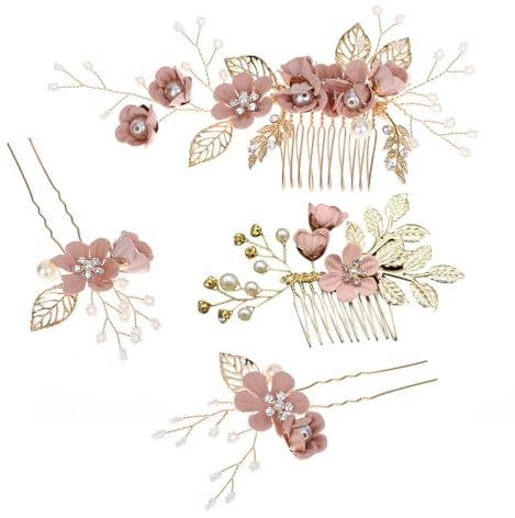 NUOBESTY Wedding Hairpins Set, Decorative Pearl Comb, Flower Bridal Hair Pins Set, Hair Accessories for Brides Girls 4PCS (Pink)