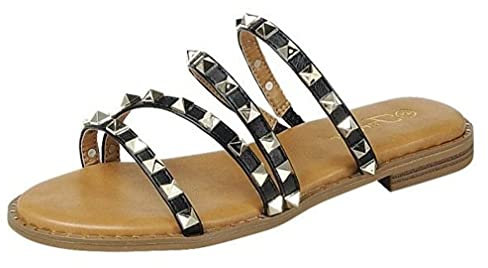Flache Damen-Sandalen mit Nieten, zum Hineinschlüpfen, Schwarz, 42 EU