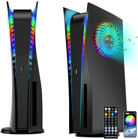 Megadream Façades de rechange pour PS5 avec évents de refroidissement - Anti-rayures, anti-poussière avec lumières RVB (noir)