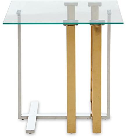 Premier Housewares End Table/Sturdy Stainless Steel/Clean Intersecting Lines/Bedside Tables/Gold and Silver Finish/Small Table/Clear Tempered Glass Top/Dimensions are W55 x D55 x H55cm.