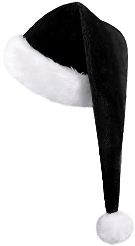 KONVINIT Lang Weihnachtsmütze Nikolausmütze Erwachsene Schwarz Plüsch weihnachtsmann mütze mit dicker fellrand,Santa Clause Mütze für Weihnachtsfeier,schwarz