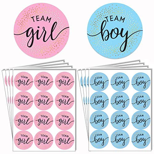 96pcs Gender Reveal Stickers - 48 x Team Boy & 48 x Team Girl - Blue & Pink Round Labels Baby Reveal Game Voting Stickers for Baby Shower Party Decoration Supplies (Style 1)